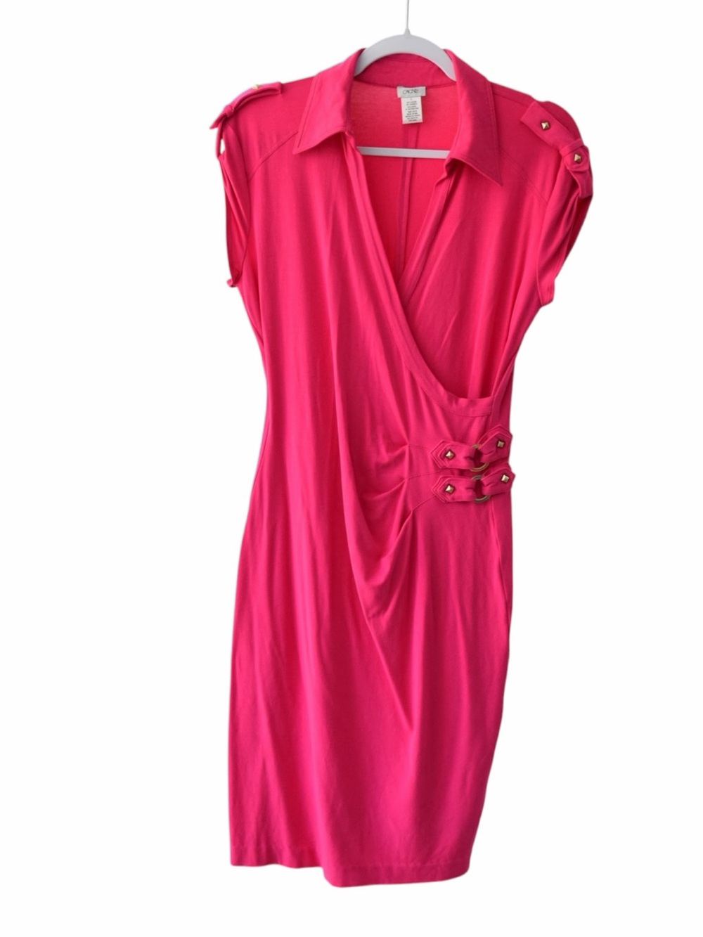 Cache Large Pink Wrap Dress Collared Cap Sleeve Studded Statement Colorful USA